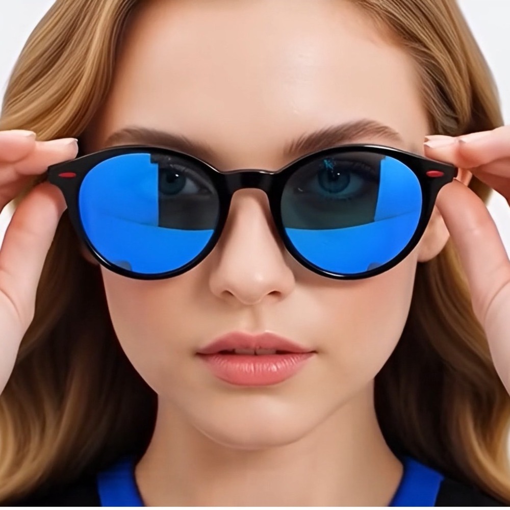 Stylish Round Sunglasses Blue Mirrored Lenses Black Frame Women's Polarized New